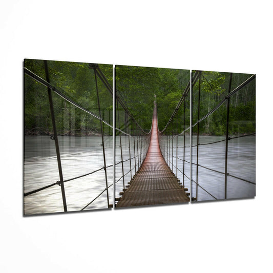 Suspension Bridge glass wall art on modern living room wall