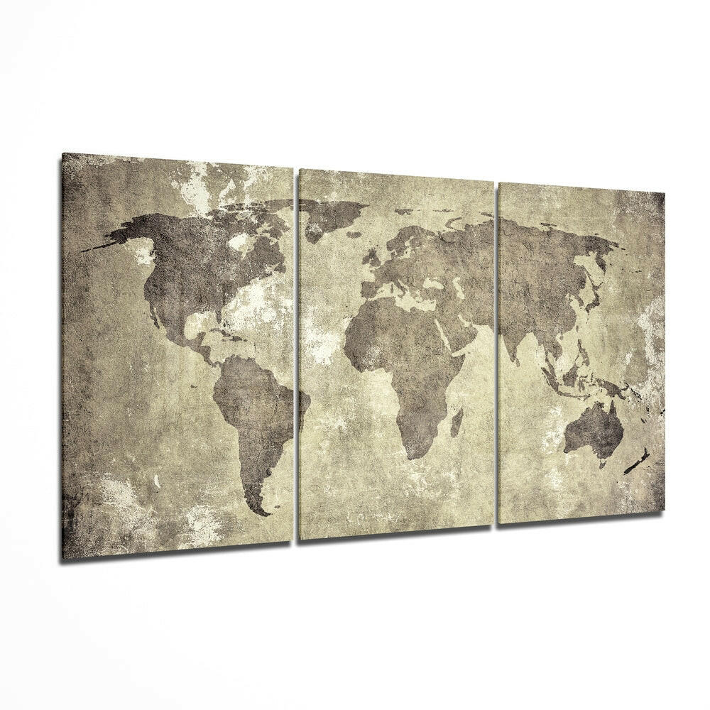 Antique world map glass wall art 3-panel set