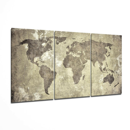 Antique world map glass wall art 3-panel set