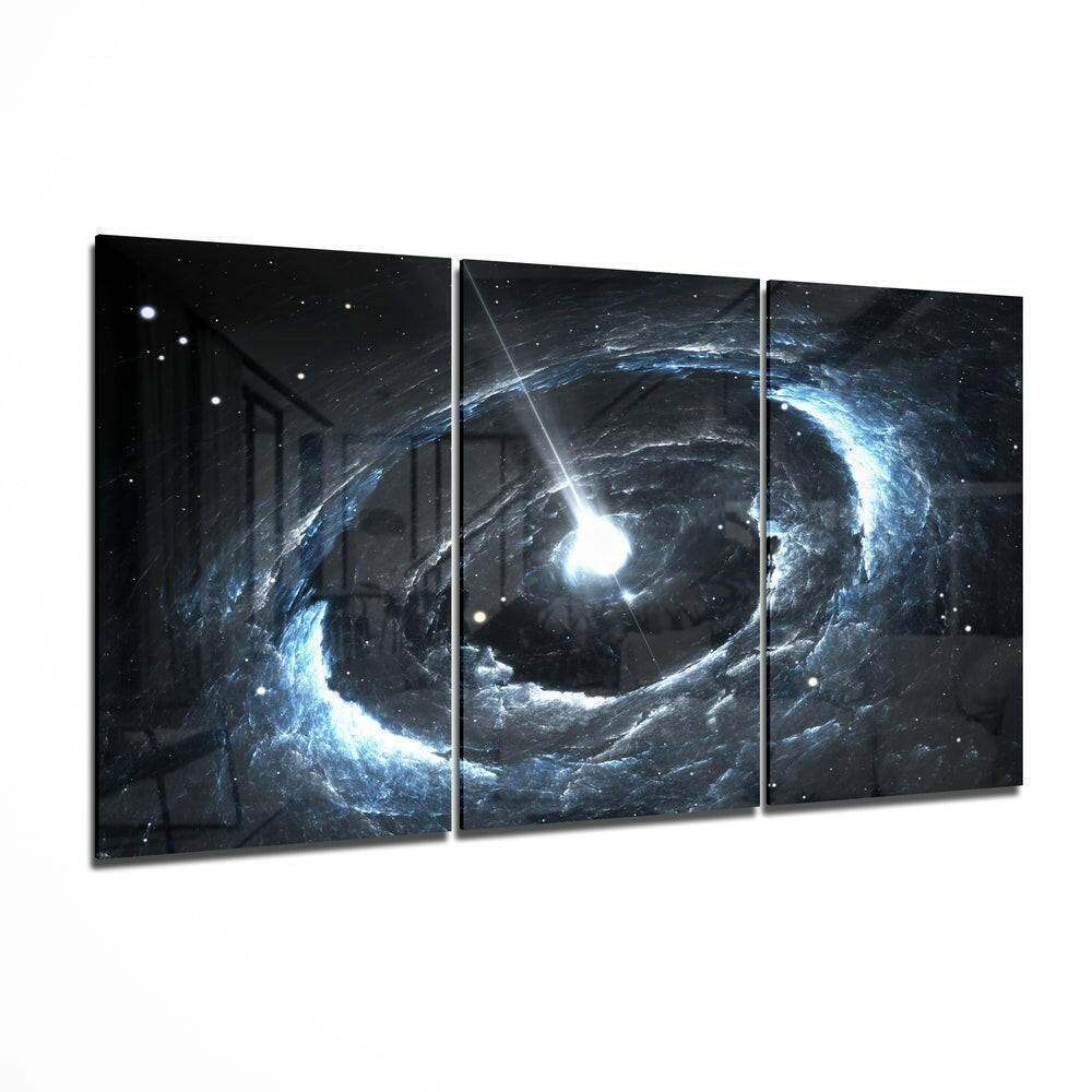 Space themed glass wall art with bold modern print and glossy tempered glass finish