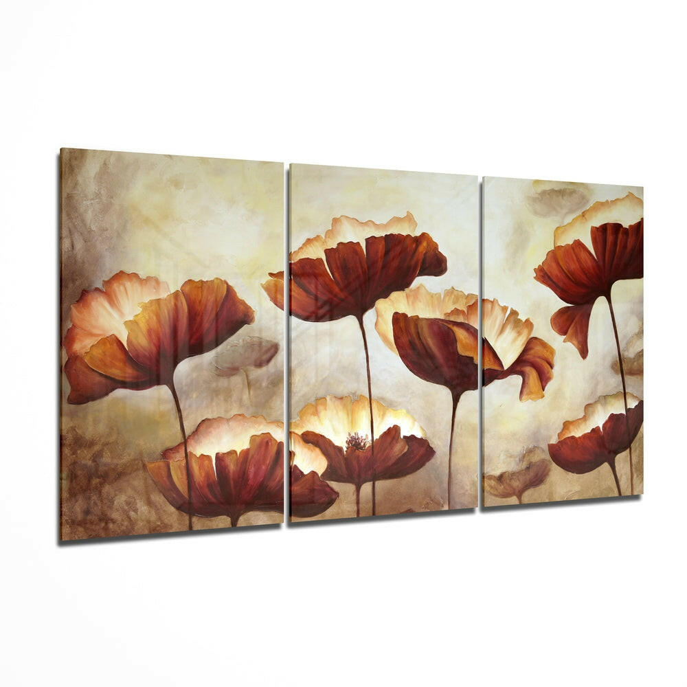 Poppies glass wall art print hanging on a wall
