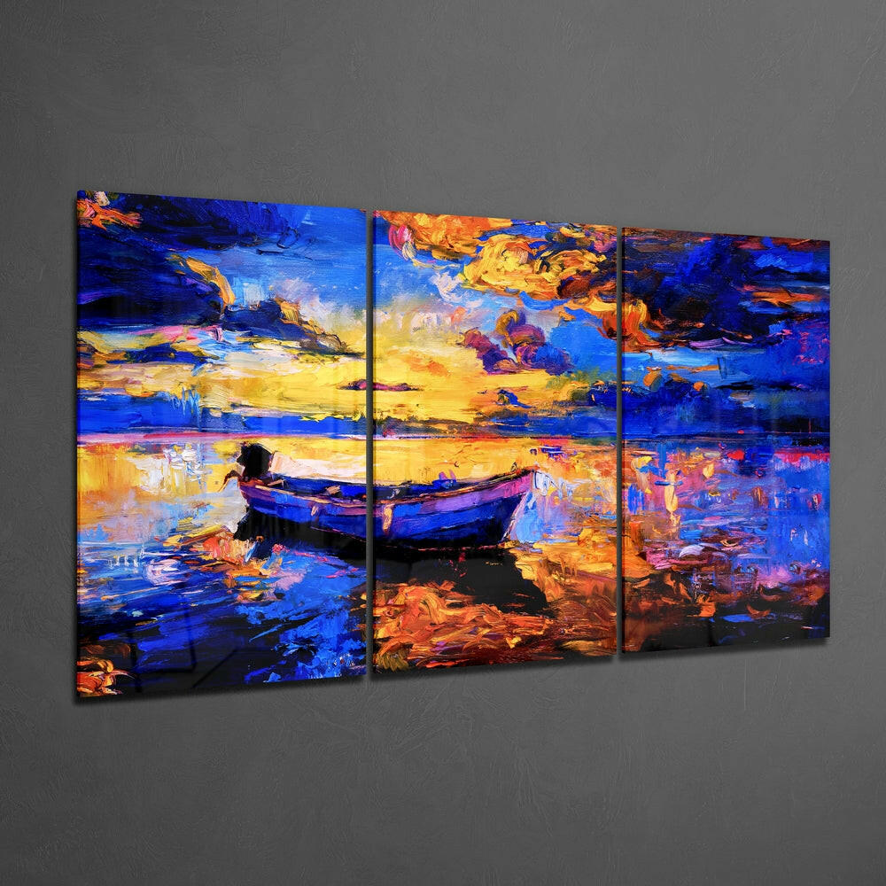 Boat at Sunset Glass Wall Art