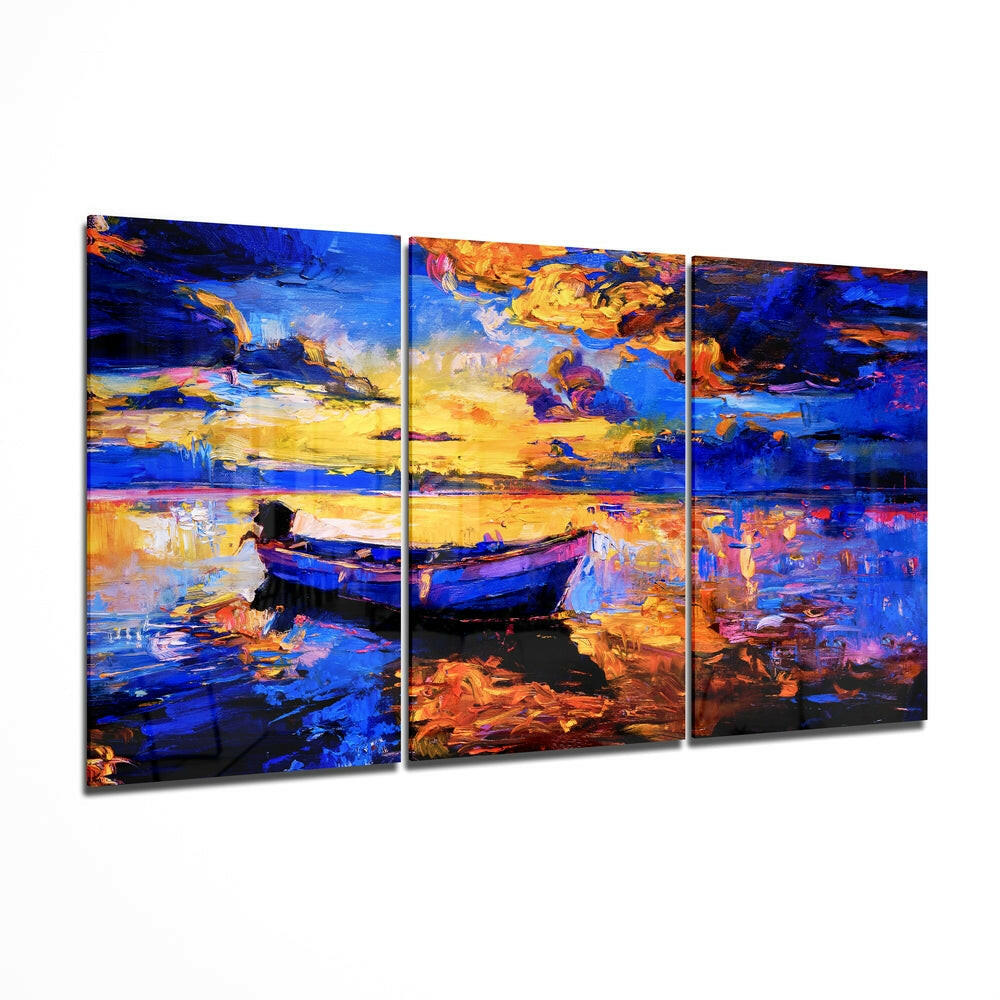 Boat at sunset glass wall art hanging on a wall