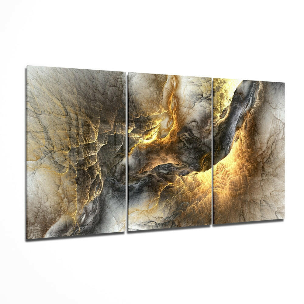 Yellow Lava glass wall art 3-panel set hanging on wall