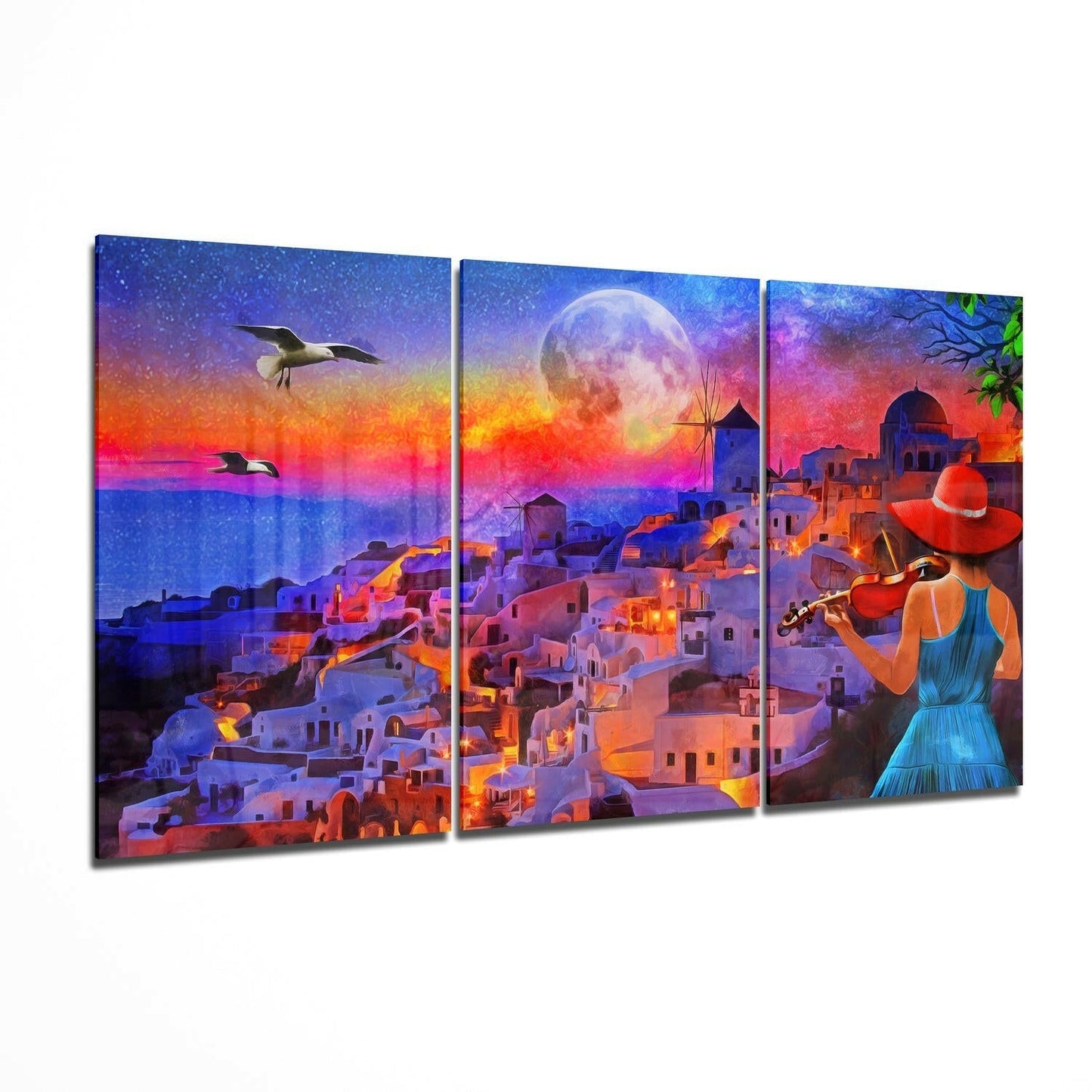 City and woman glass wall art hanging on a wall