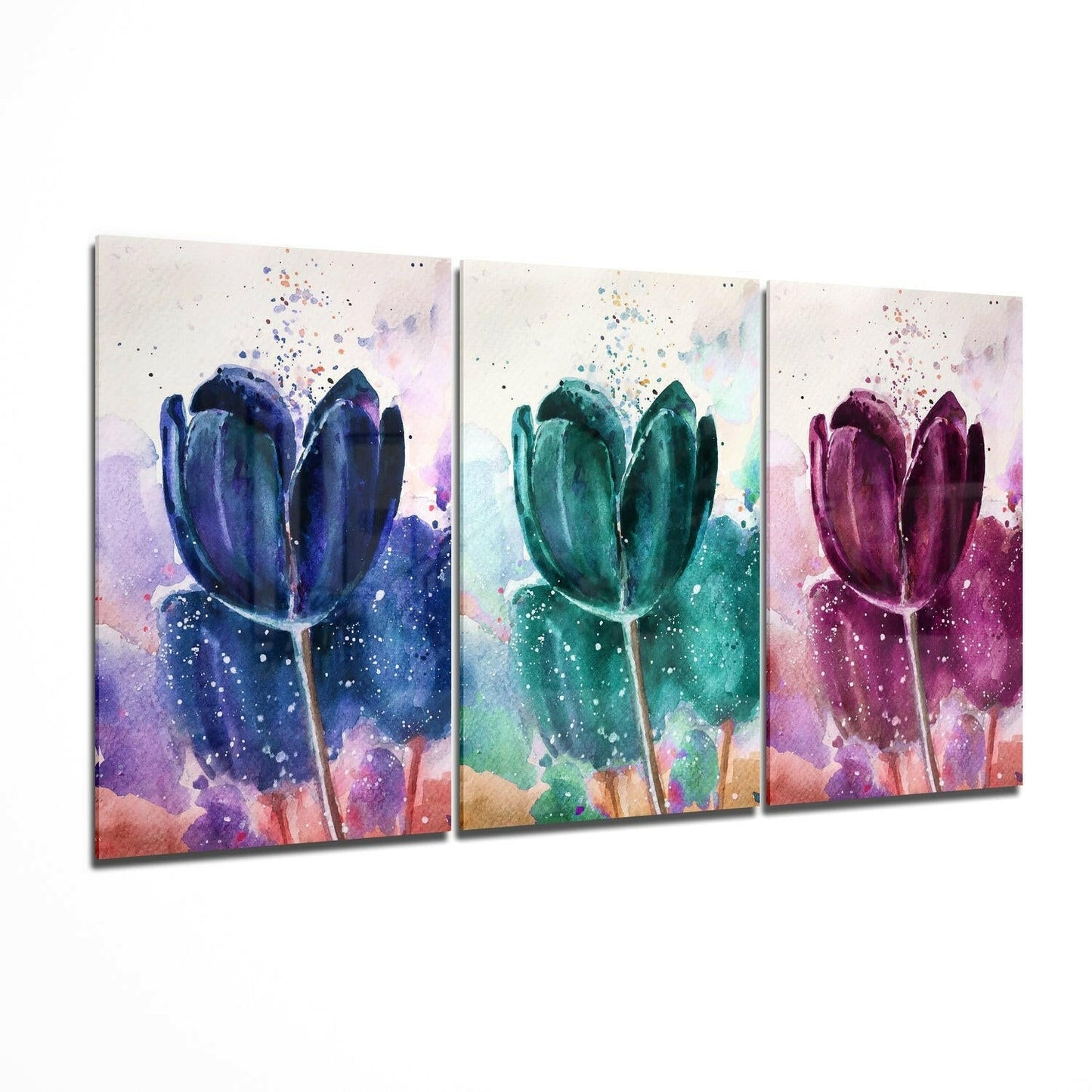 Tulips glass wall art print hanging on a wall