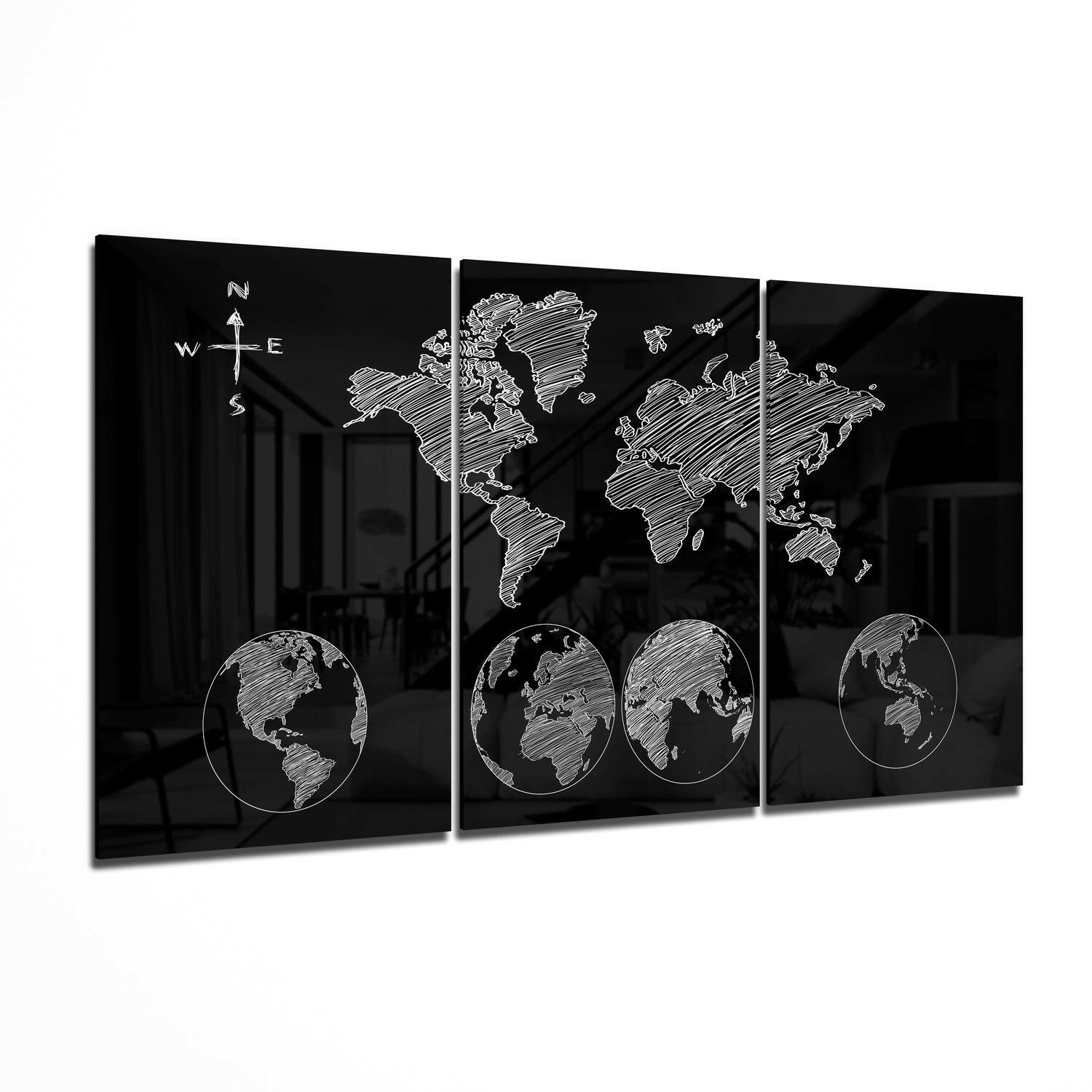 Classic world map glass wall art