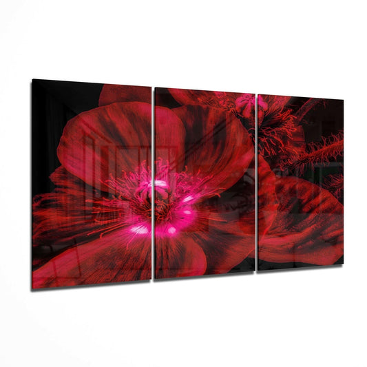 Red flower glass wall art hanging on a wall