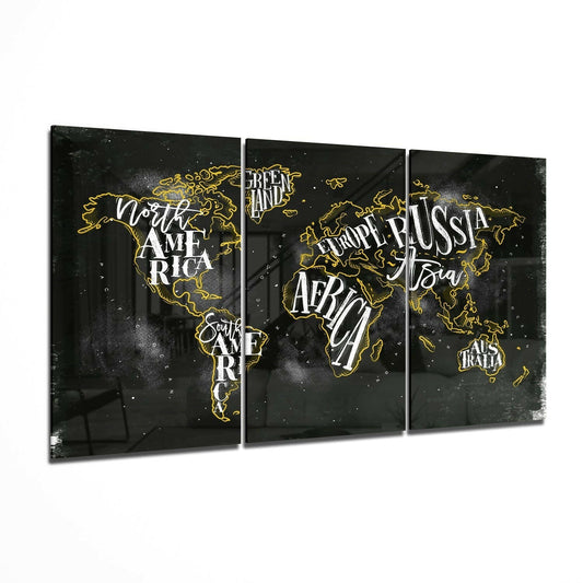 World map three-panel tempered glass wall art