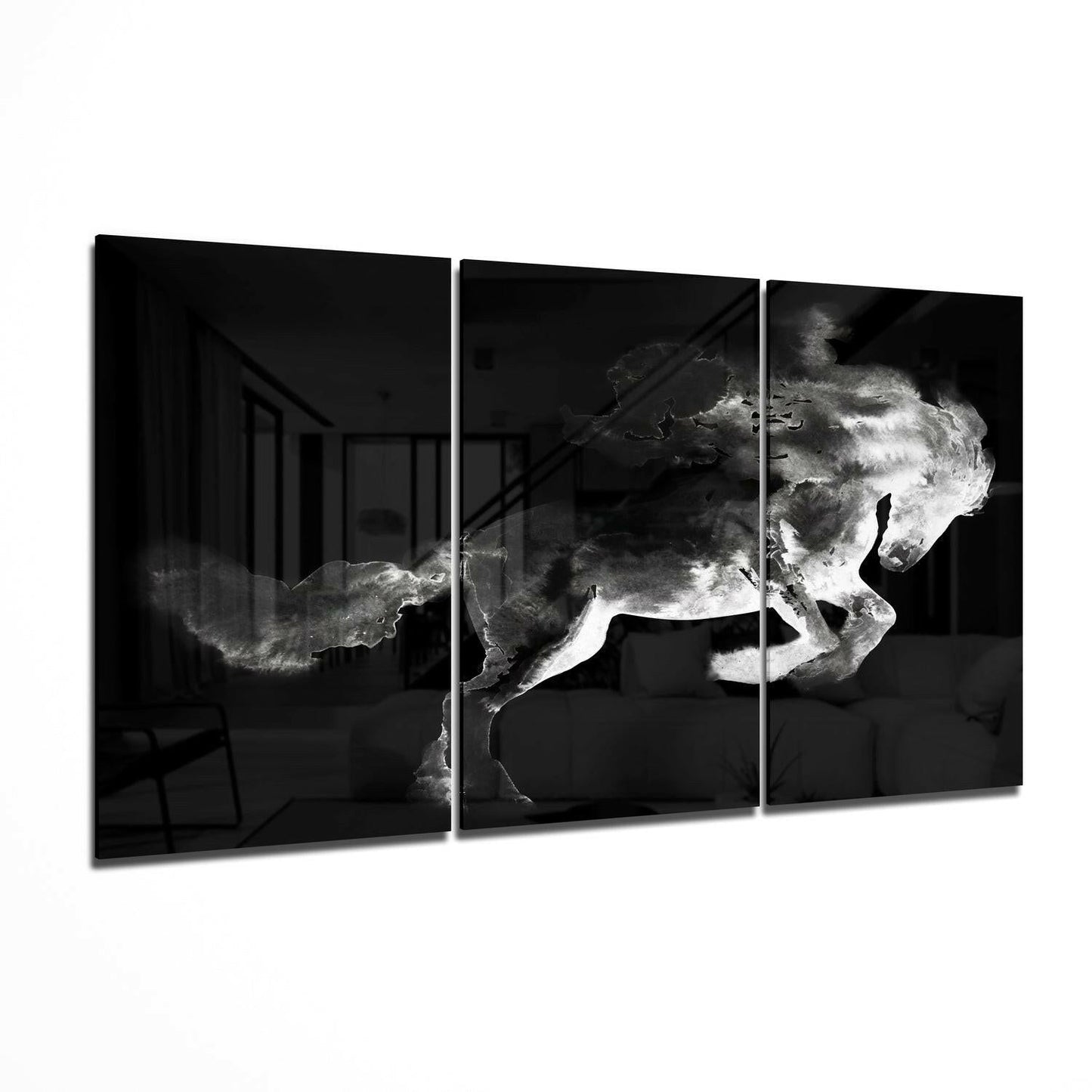 Horse glass wall art print hanging on a wall