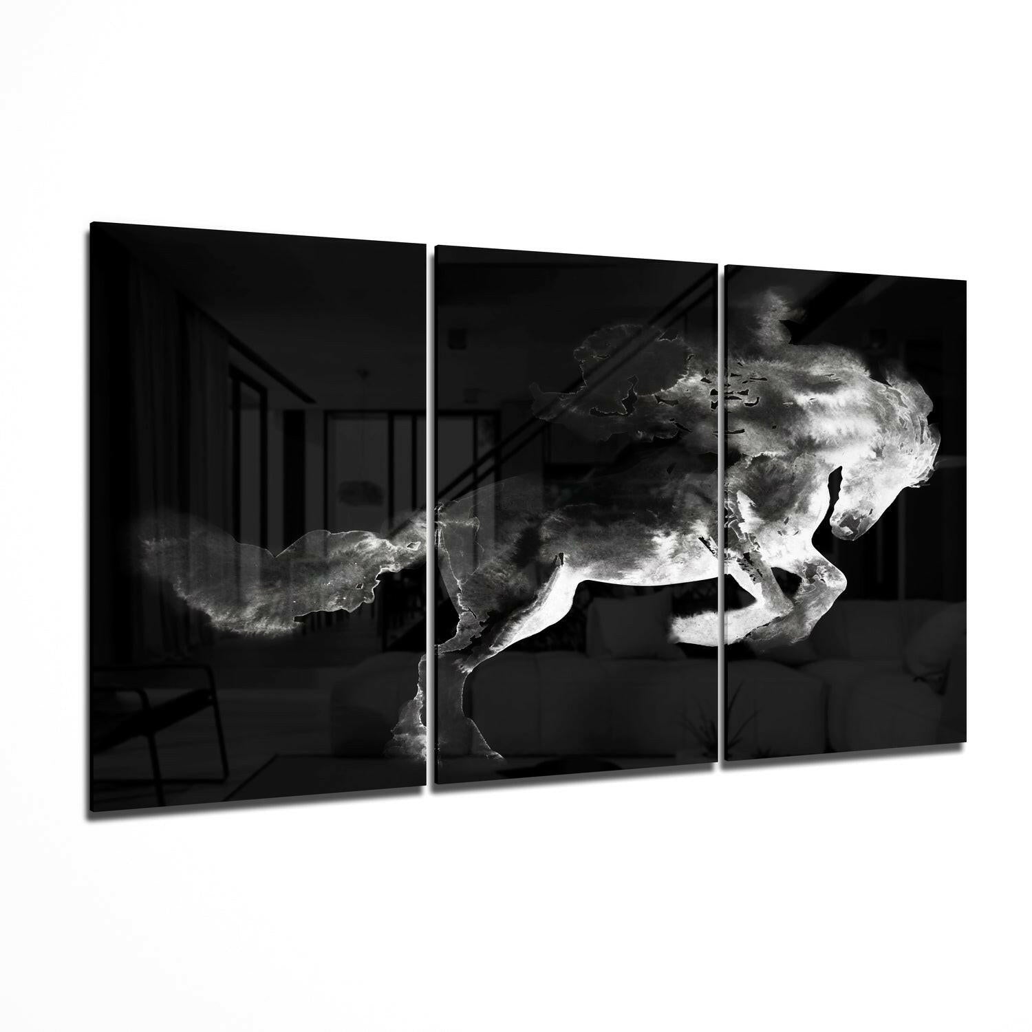 Horse glass wall art print hanging on a wall