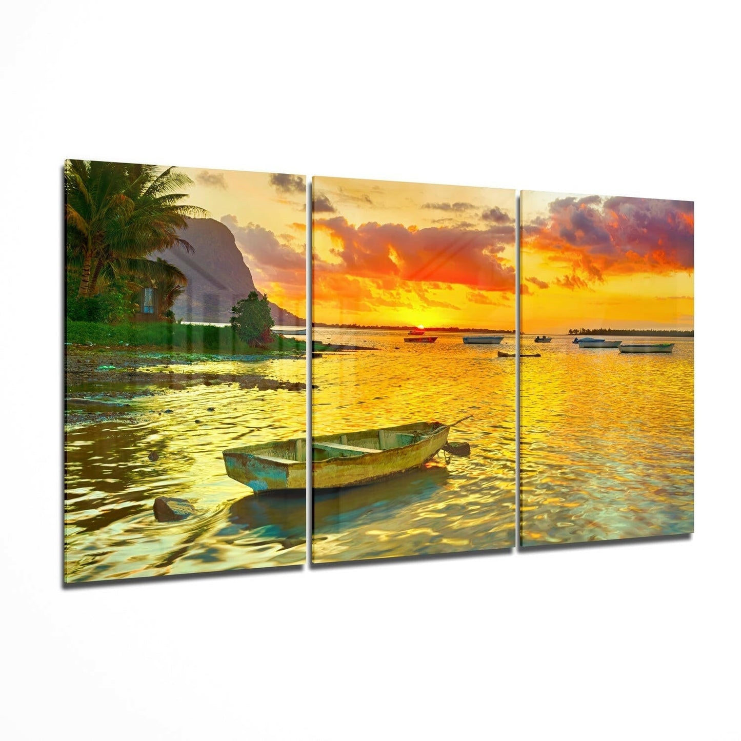Sunset and Boat coastal glass wall art