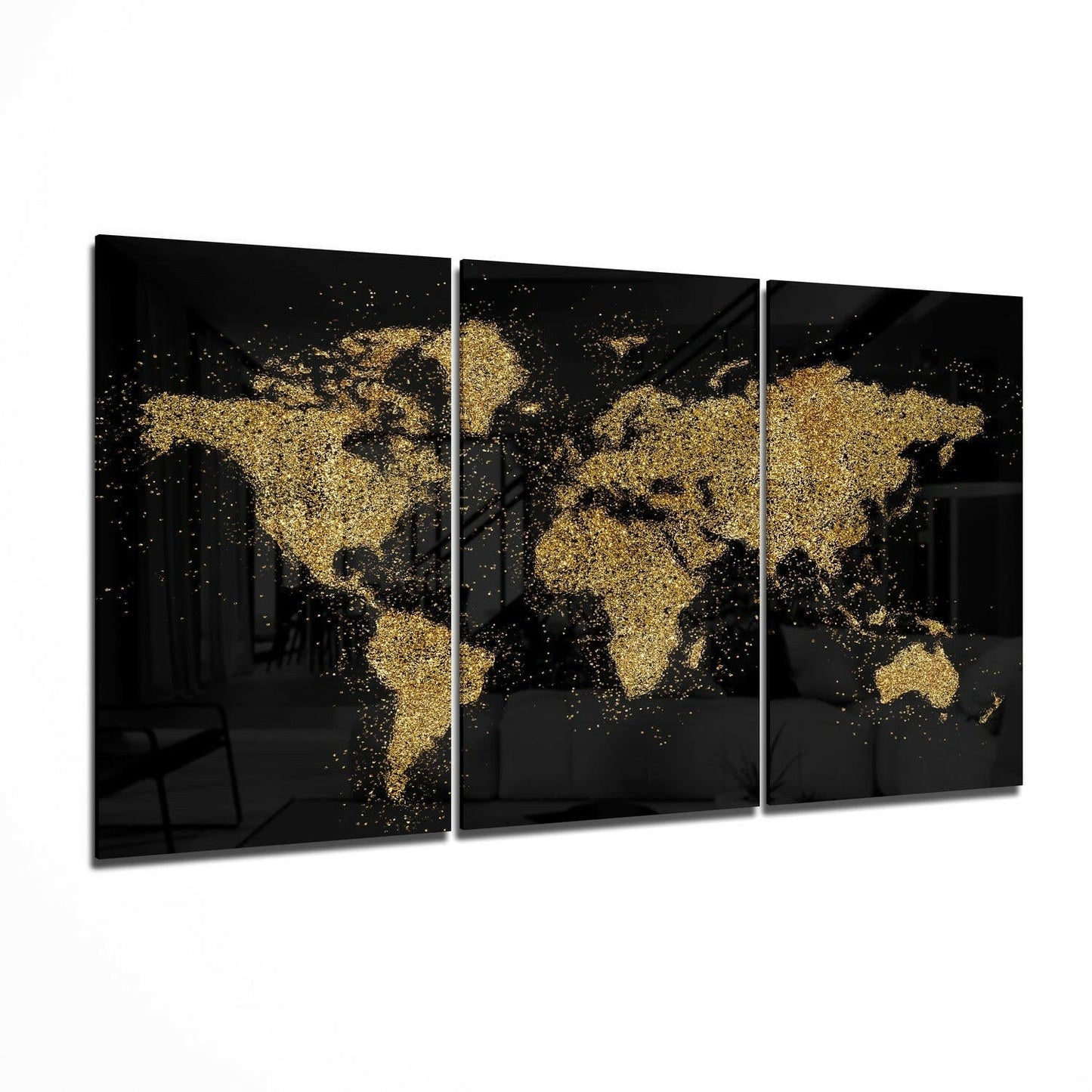 World map three-panel tempered glass wall art