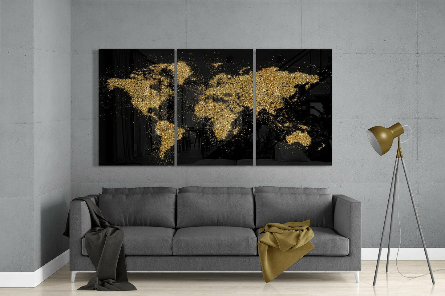 World Map 3-Panel Glass Wall Art