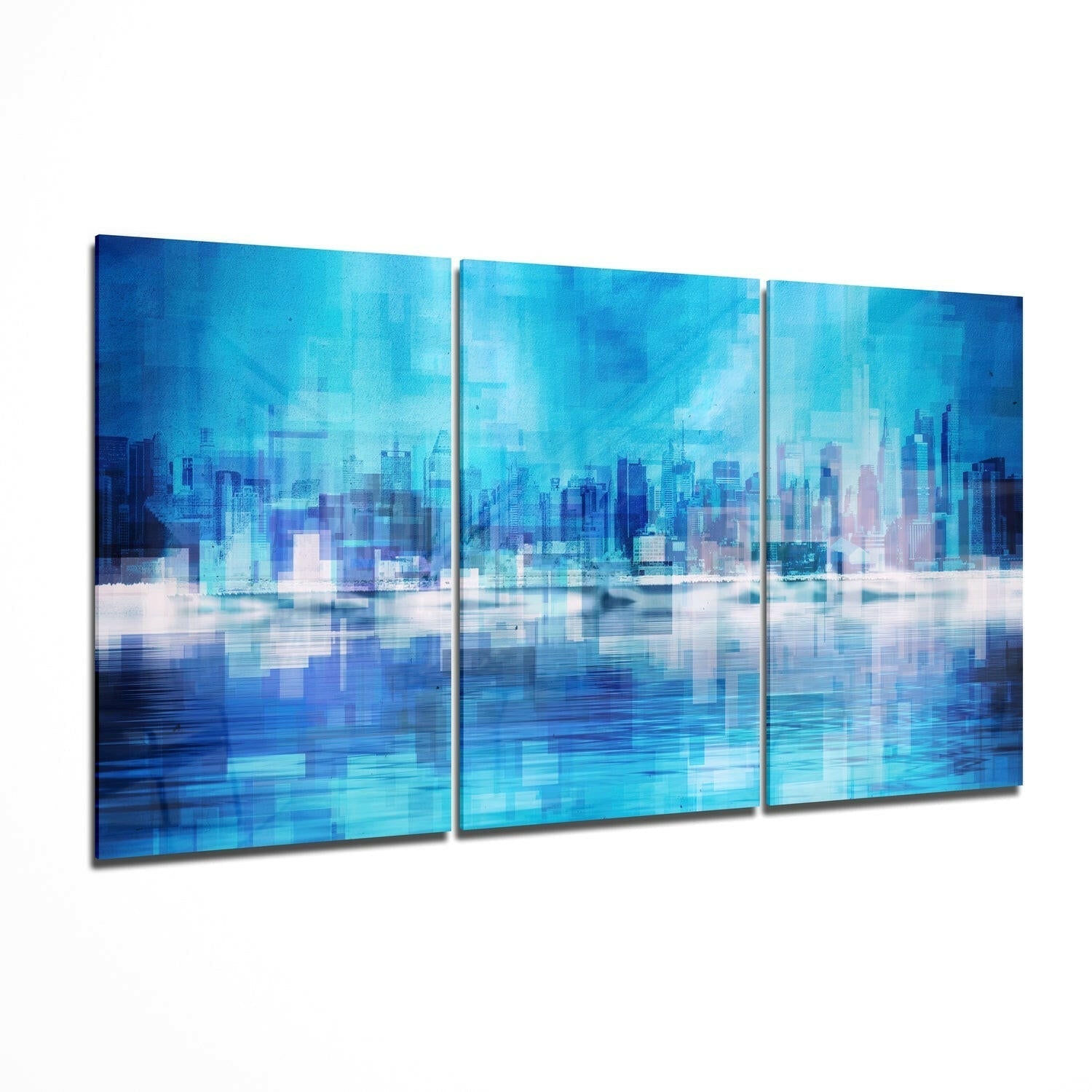 Blue city 3-panel glass wall art
