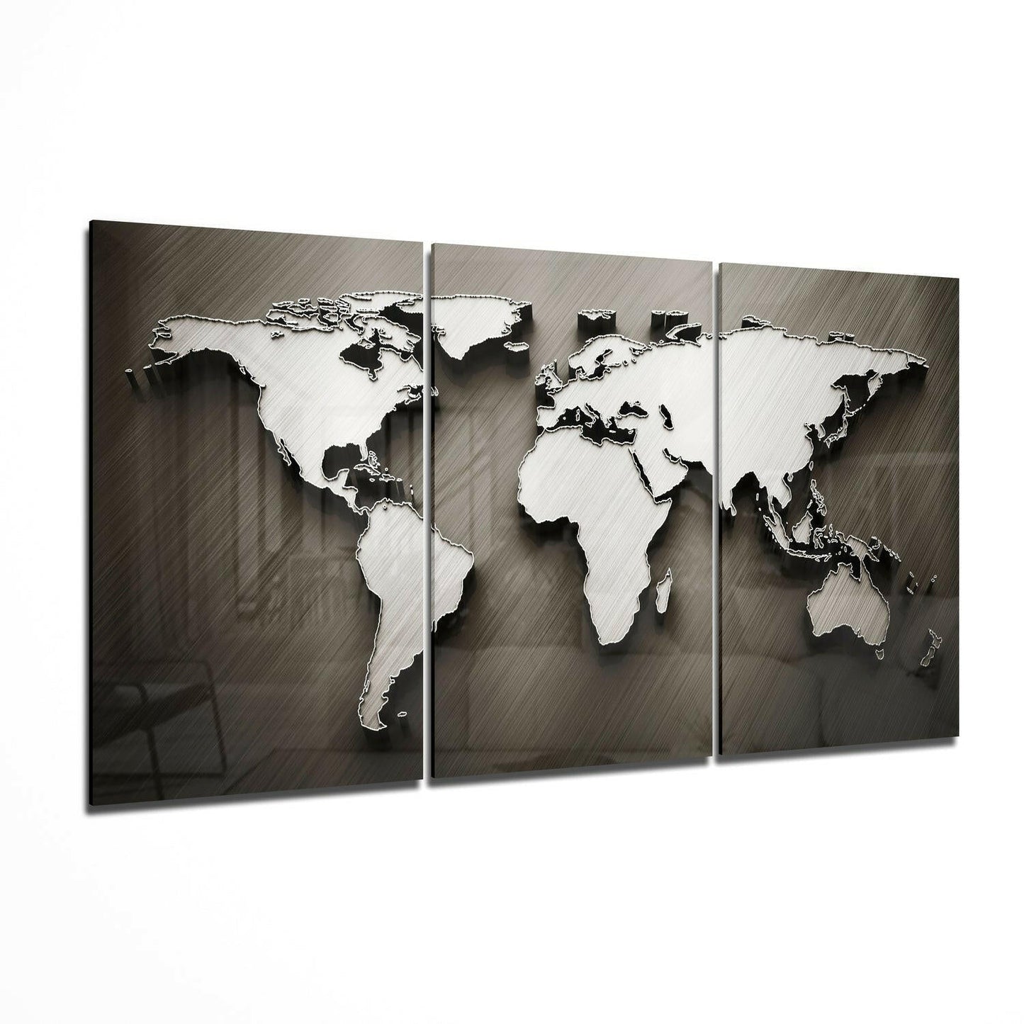 World map three-panel tempered glass wall art