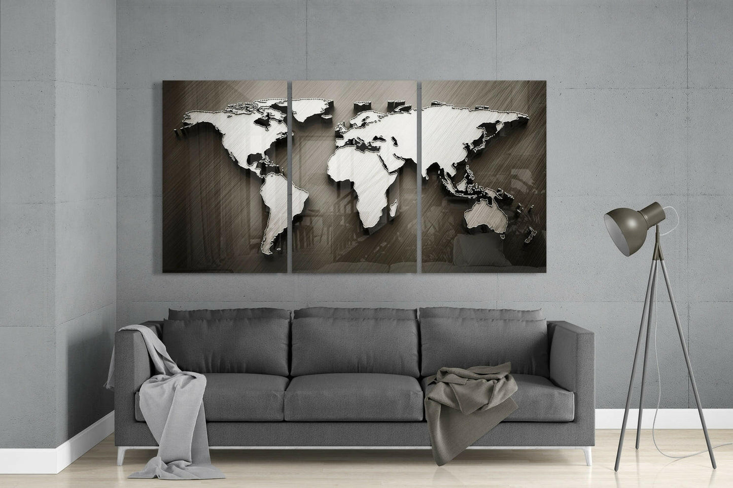 World Map 3-Panel Glass Wall Art