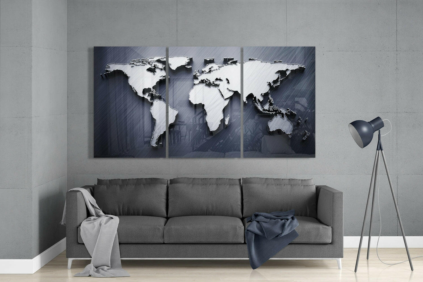 World Map 3-Panel Glass Wall Art