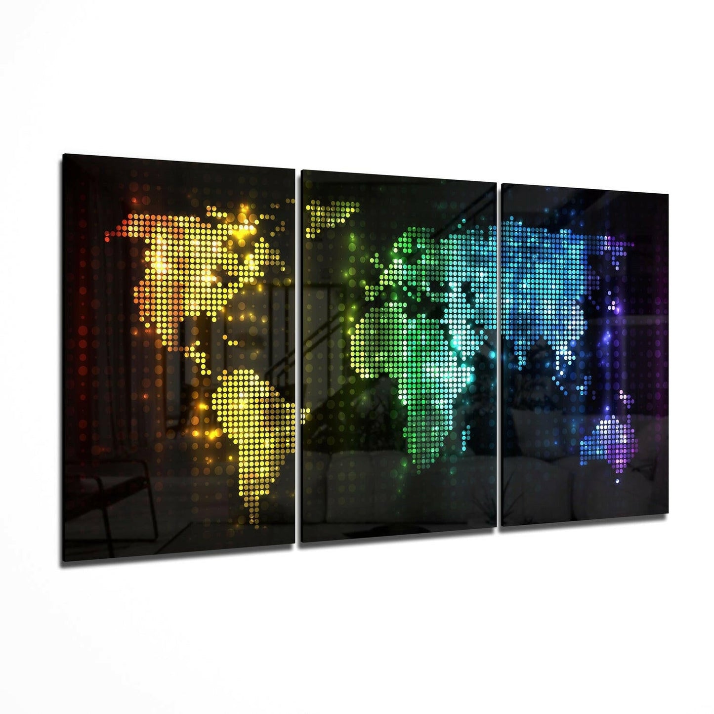 World Map 3-panel glass wall art gallery set on a large wall