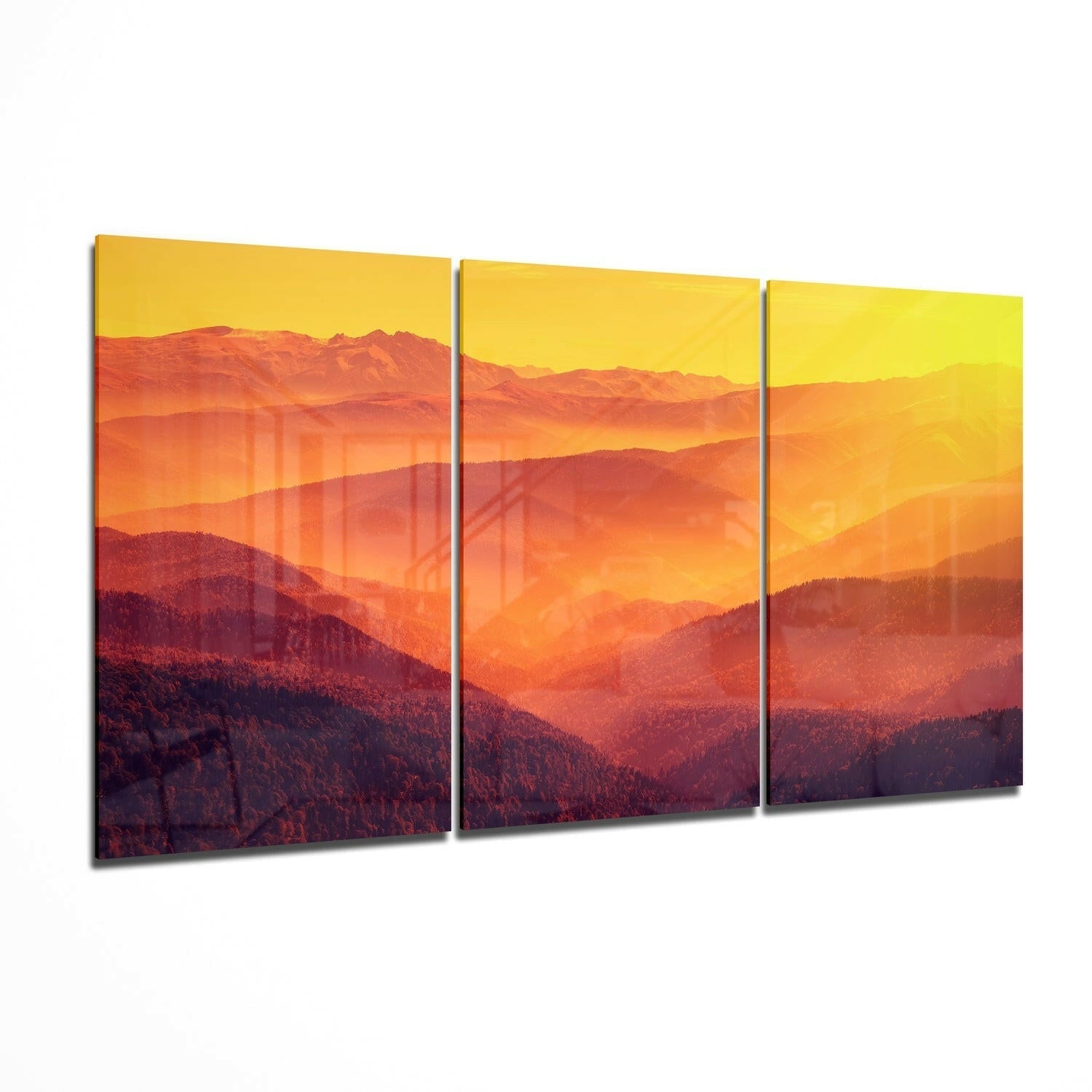 Hills and sunset landscape glass wall art