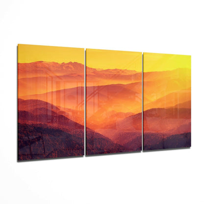 Hills and sunset landscape glass wall art
