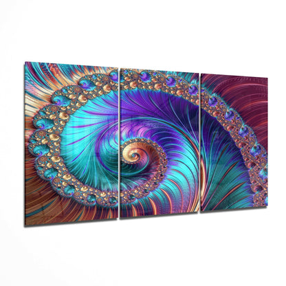 Spiral Peacock glass wall art displayed on a living room wall