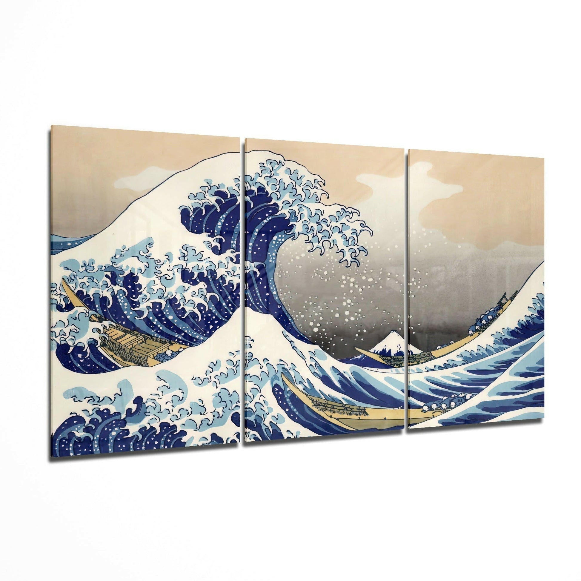 Great Wave off Kanagawa glass wall art displayed on a living room wall