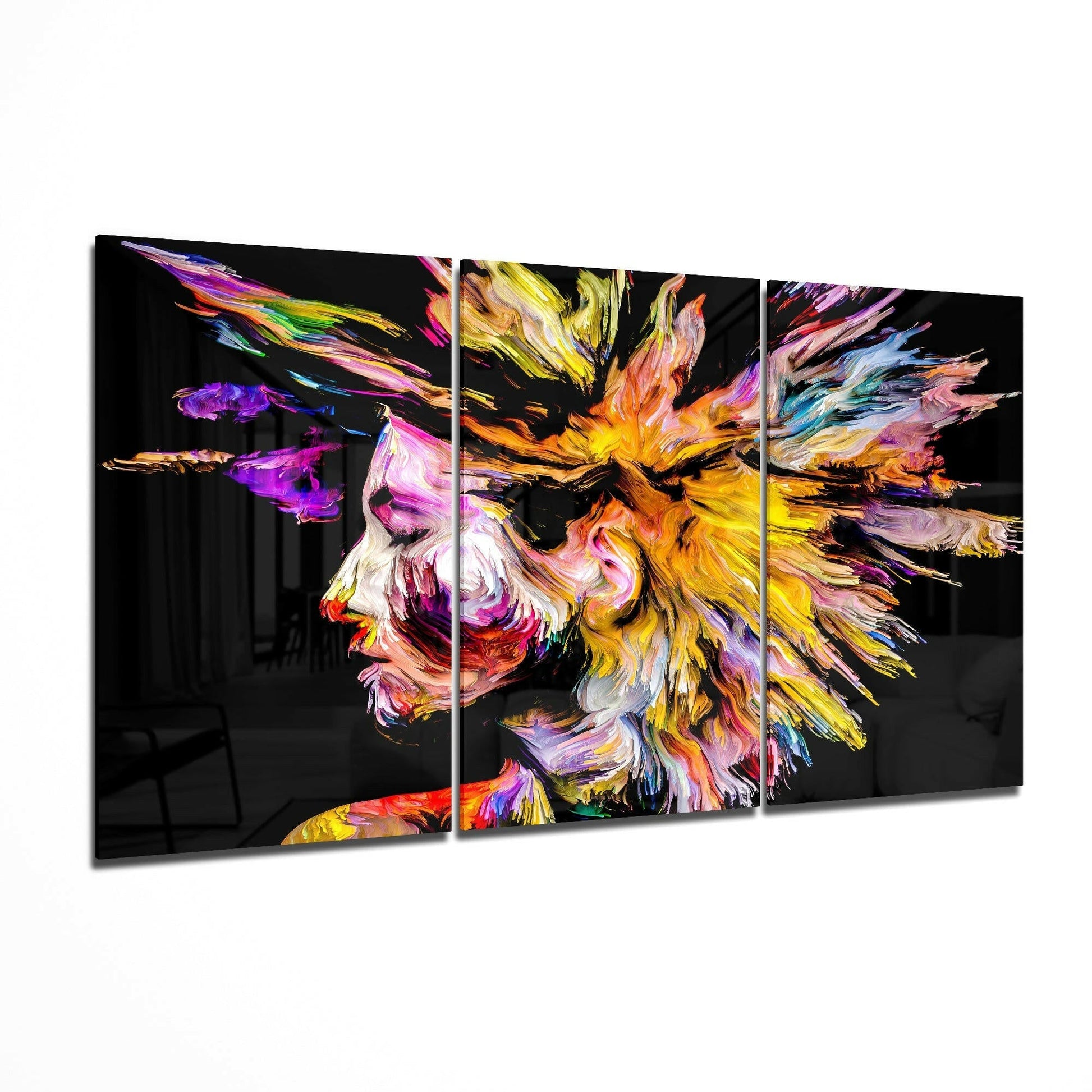 Colorful Thoughts glass wall art displayed on a living room wall