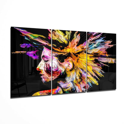 Colorful Thoughts glass wall art displayed on a living room wall