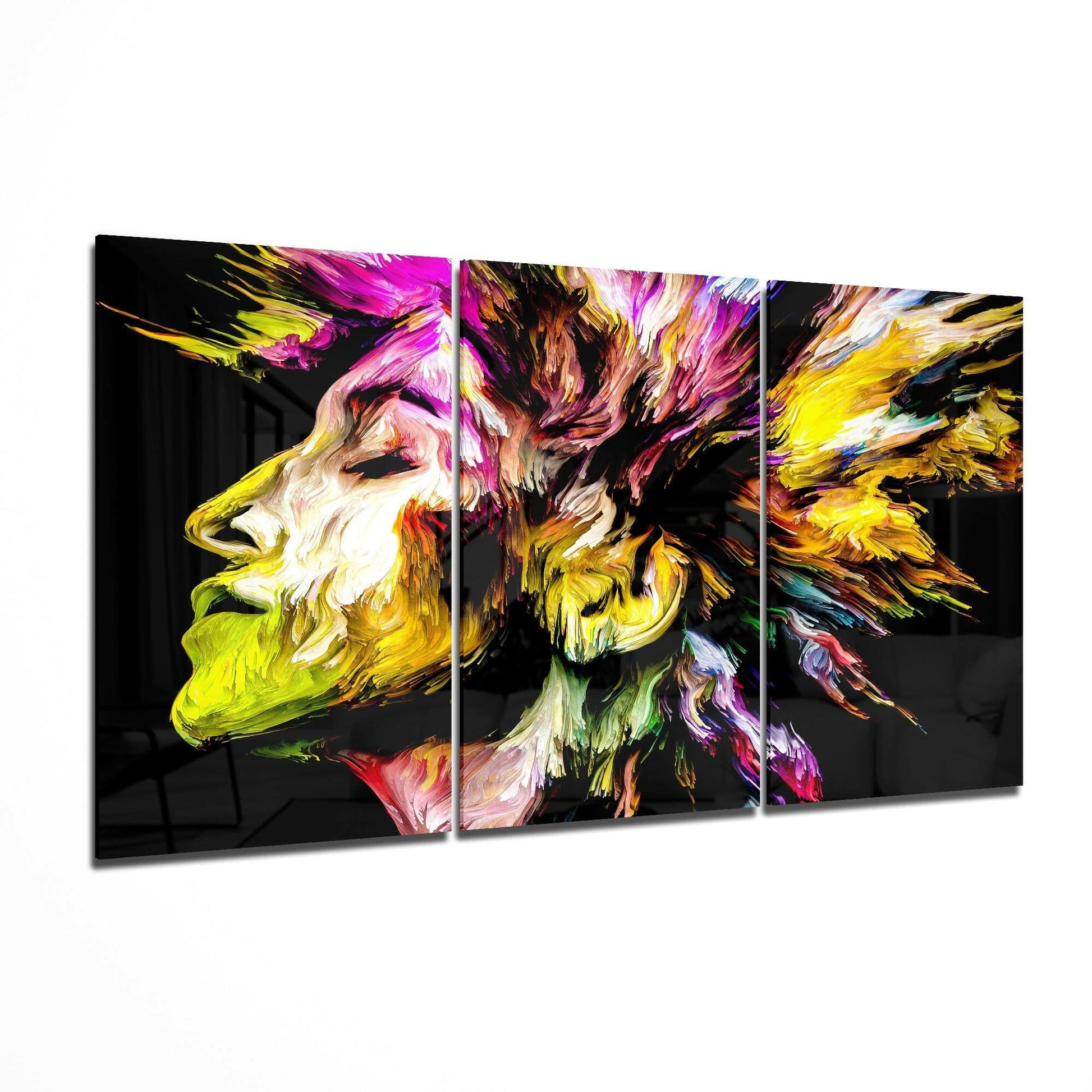 Colorful Peace glass wall art displayed on a living room wall