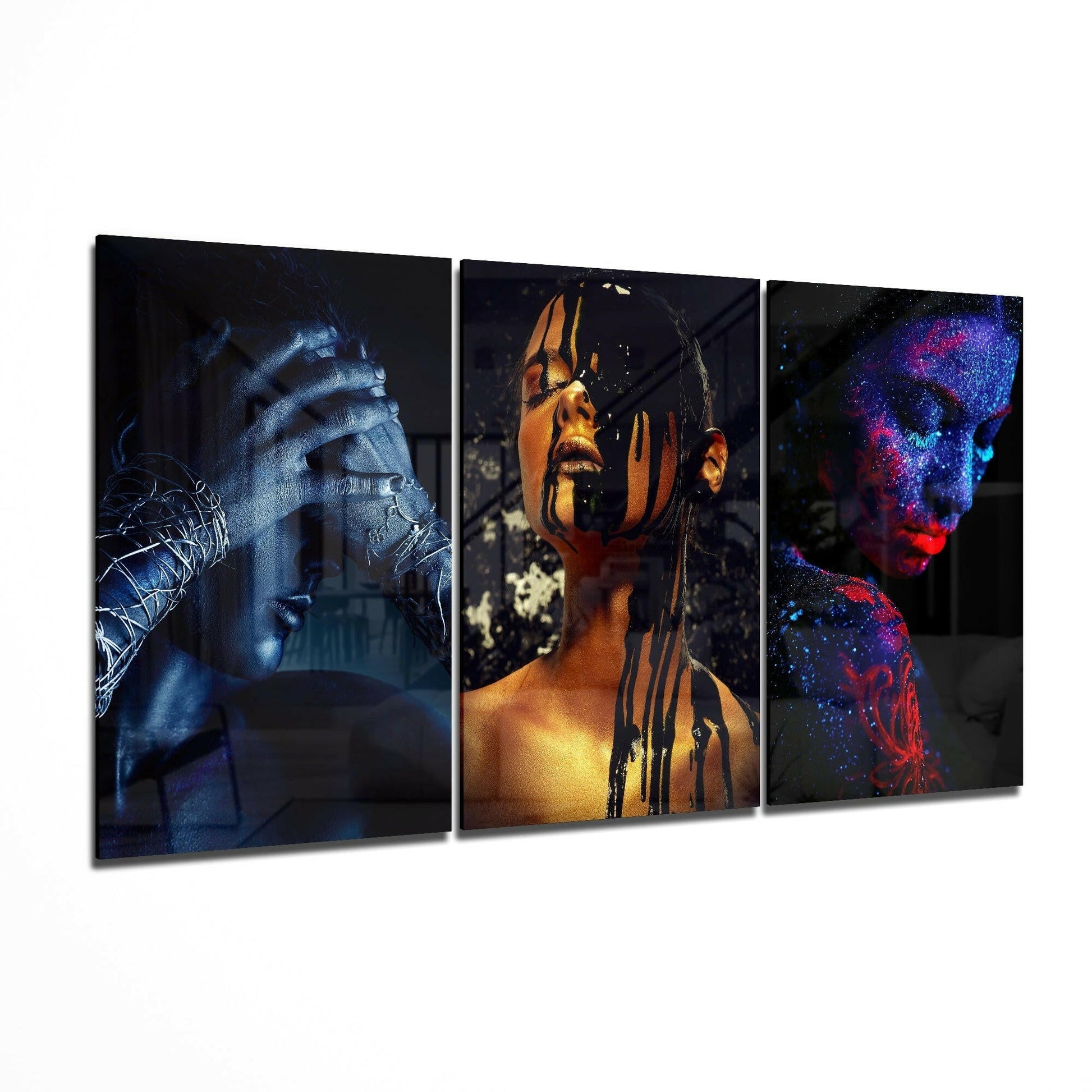 Woman Triptych Glass Wall Art - three-panel portrait set