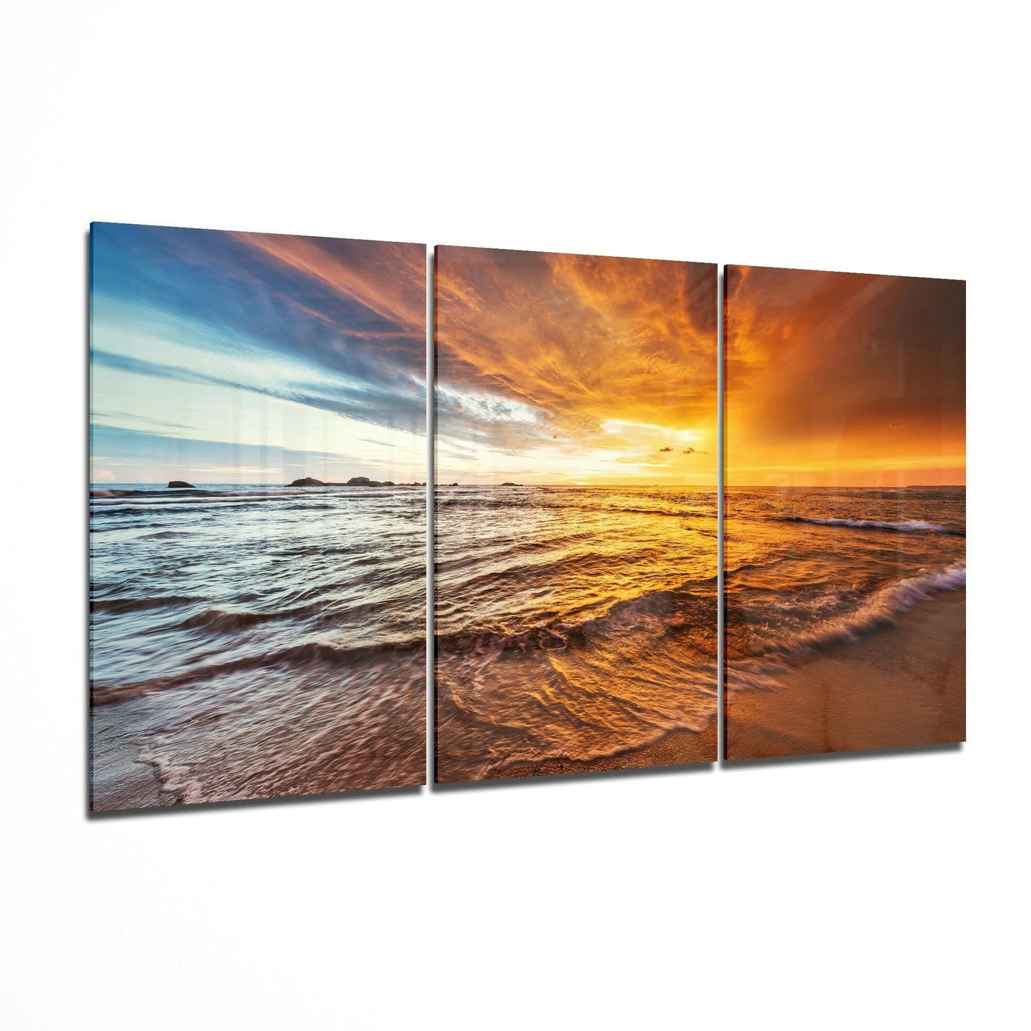 Sunset On The Beach glass wall art displayed on a living room wall