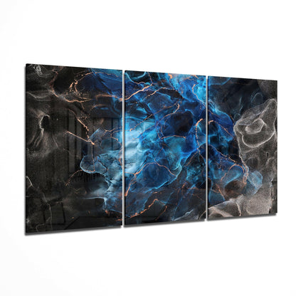 Dance Of Blue glass wall art displayed on a living room wall