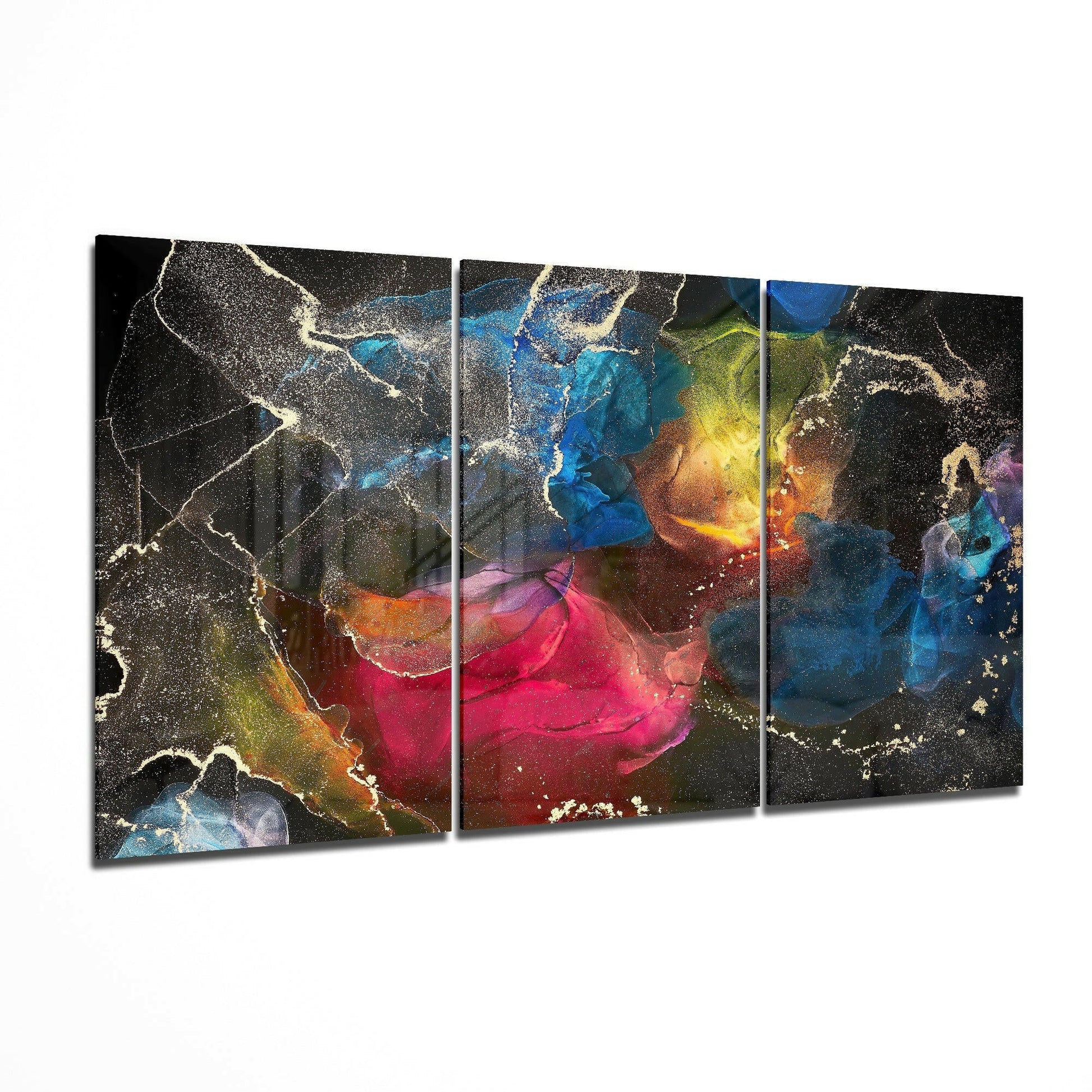 Dance Of Colors glass wall art displayed on a living room wall