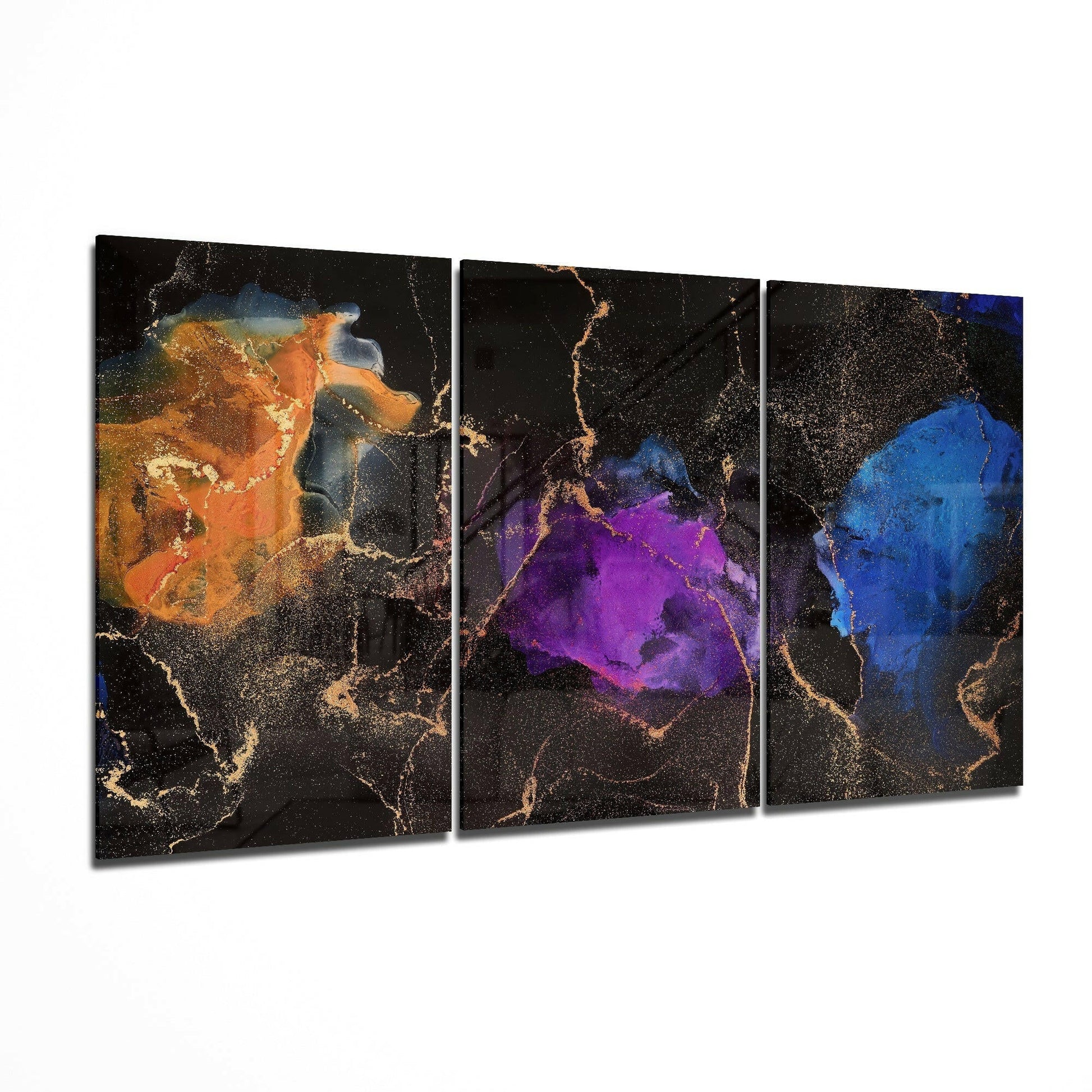 Orange, Blue, Purple glass wall art displayed on a living room wall