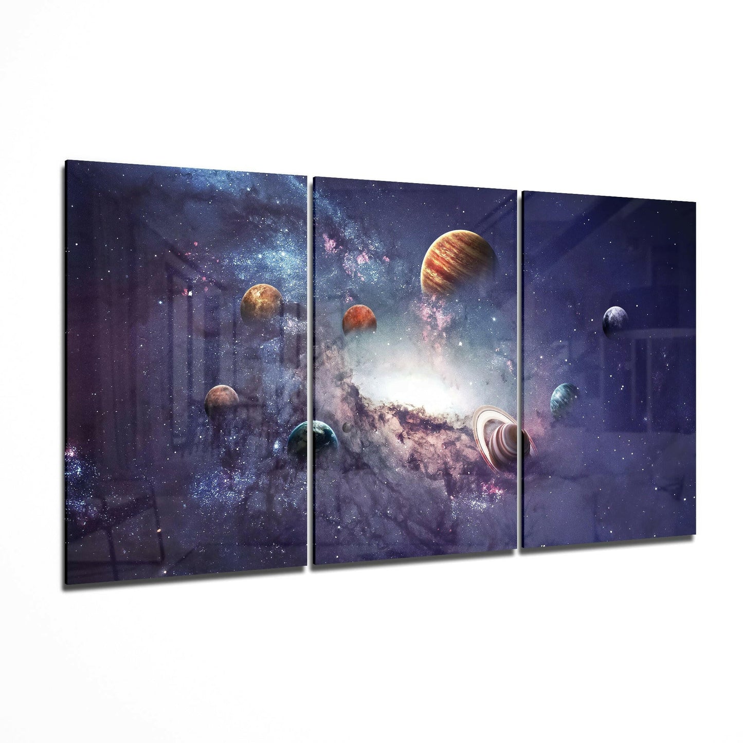 Milky Way glass wall art displayed on a living room wall