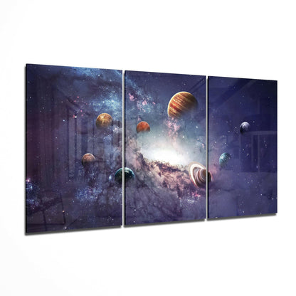 Milky Way glass wall art displayed on a living room wall