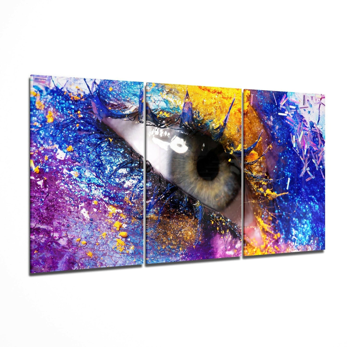 Eyelash glass wall art displayed on a living room wall