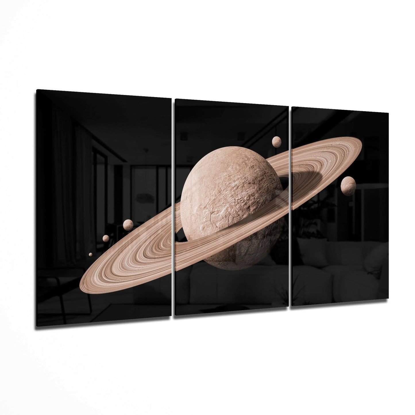 Saturn glass wall art displayed on a living room wall