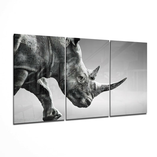 Rhino glass wall art displayed on a living room wall