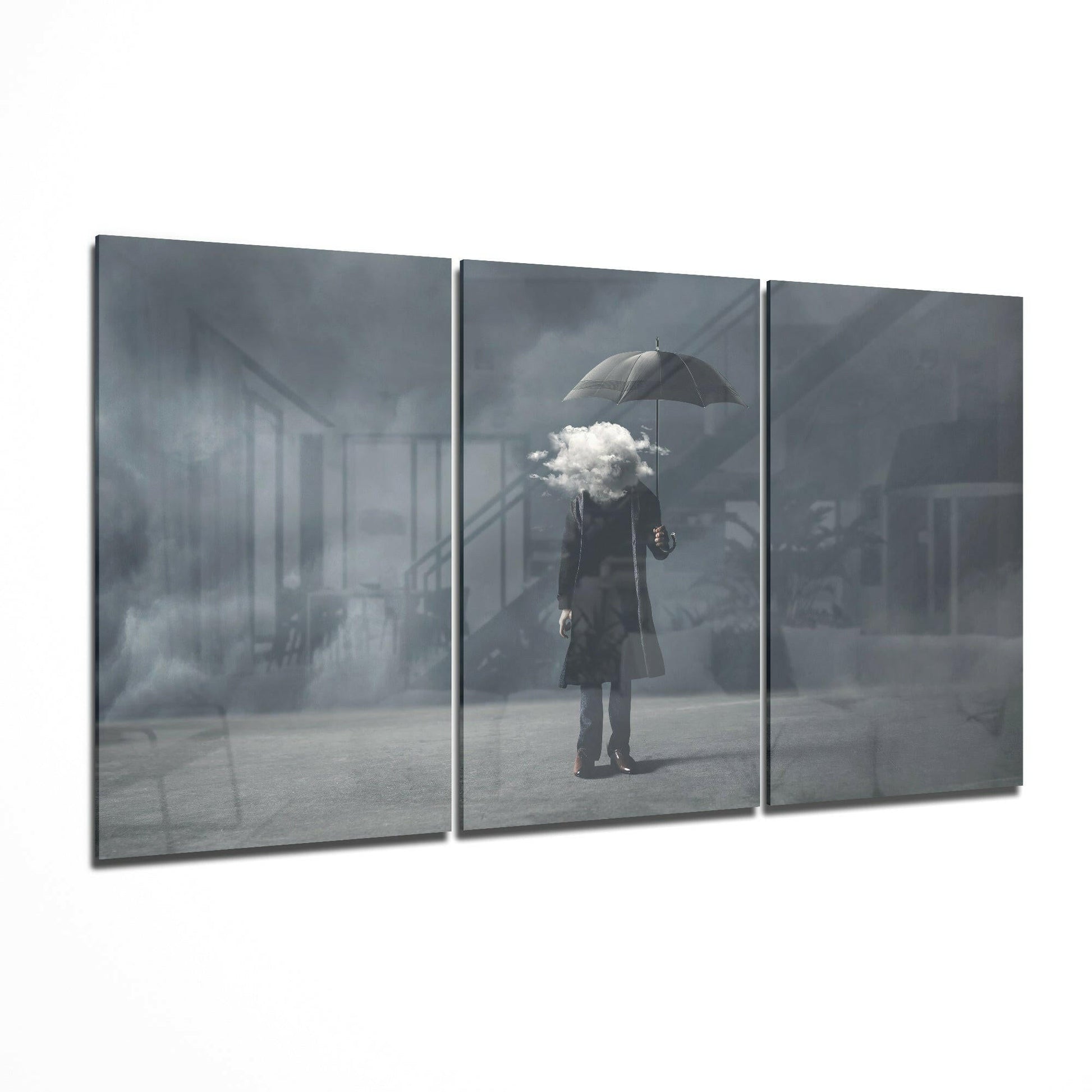 The Clouds In My Head glass wall art displayed on a living room wall