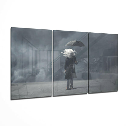 The Clouds In My Head glass wall art displayed on a living room wall