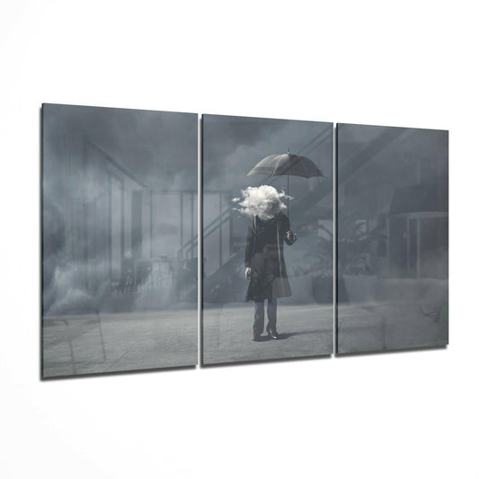 The Clouds In My Head glass wall art displayed on a living room wall