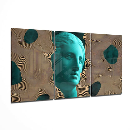 Statue glass wall art displayed on a living room wall