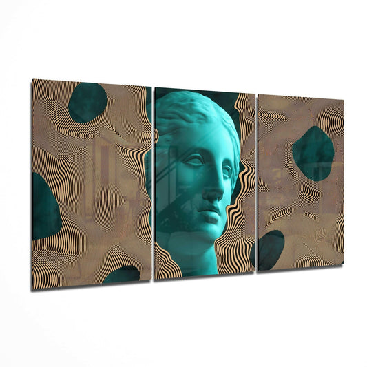 Statue glass wall art displayed on a living room wall