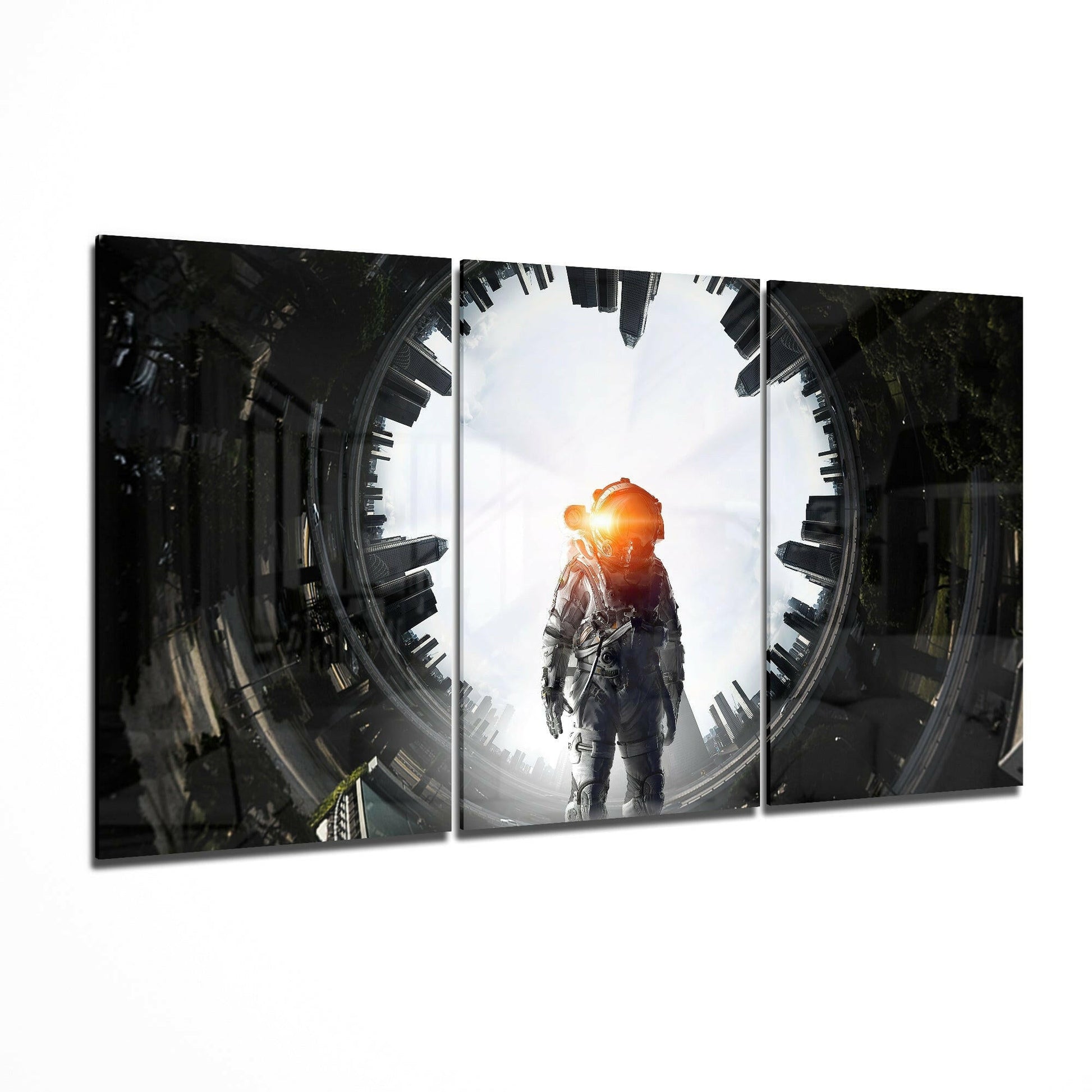 Interstellar glass wall art 3-piece set featuring a cosmic nebula scene
