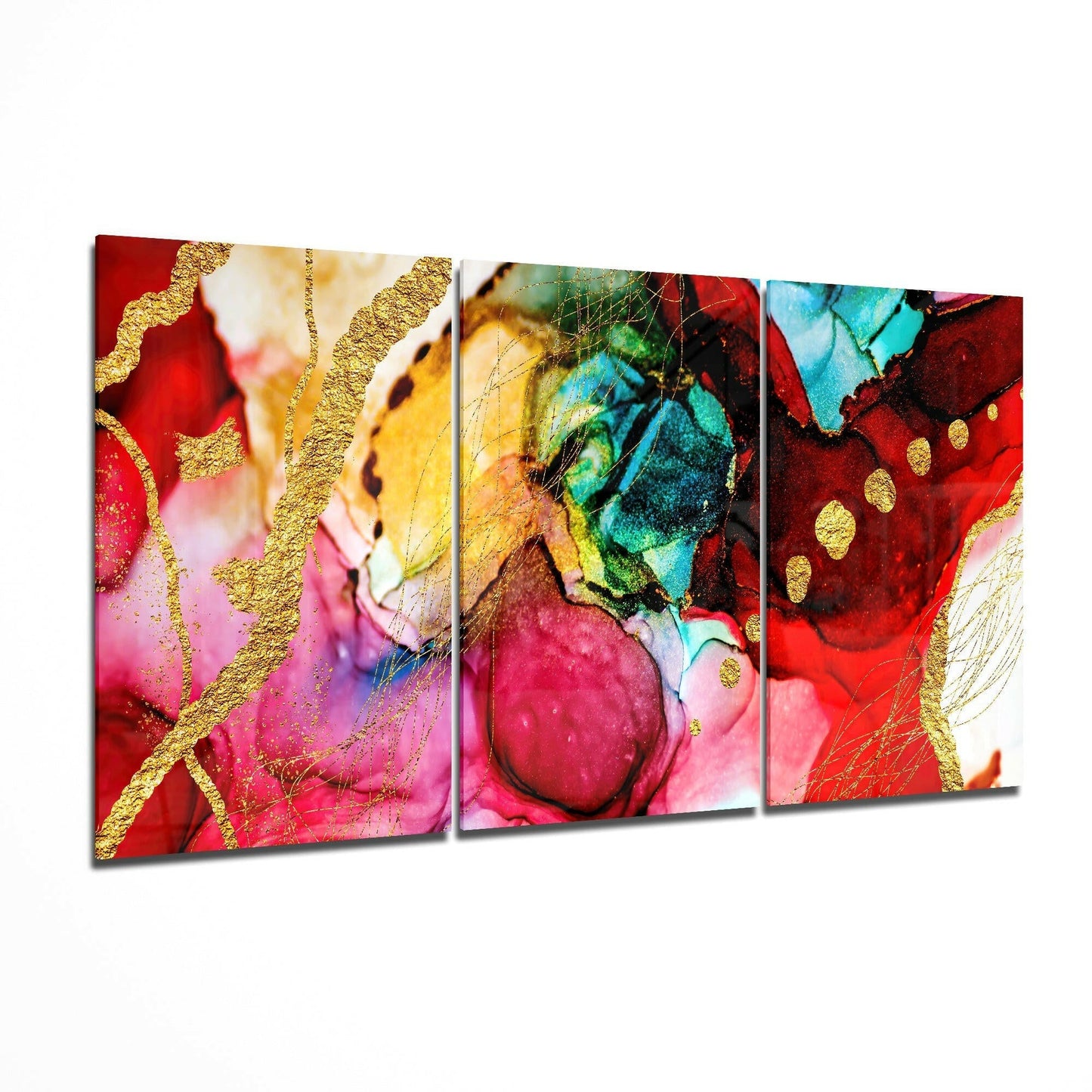 Red Harmony glass wall art 3-piece set featuring a tonal red abstract