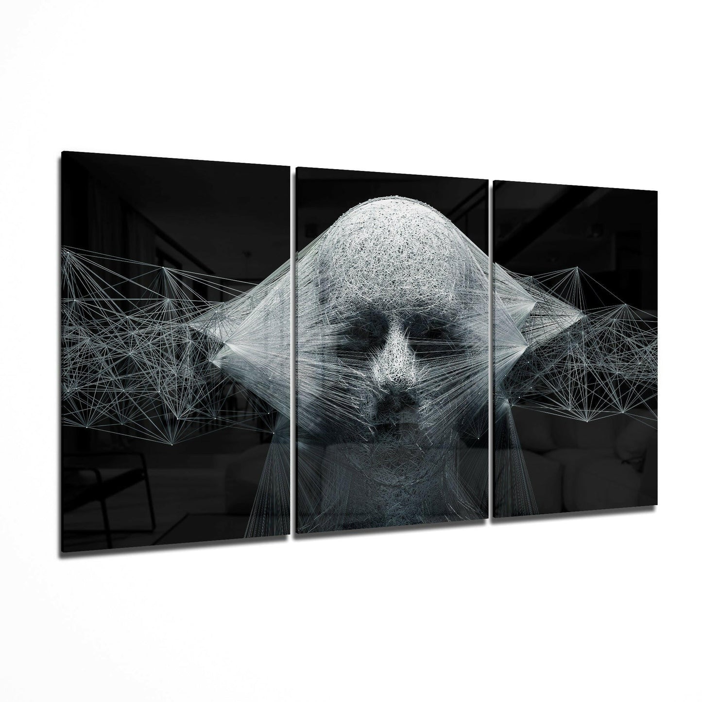 String glass wall art 3-piece set featuring minimalist abstract linework