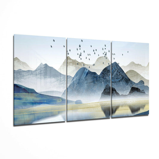 Layered mountain ridges landscape glass wall art