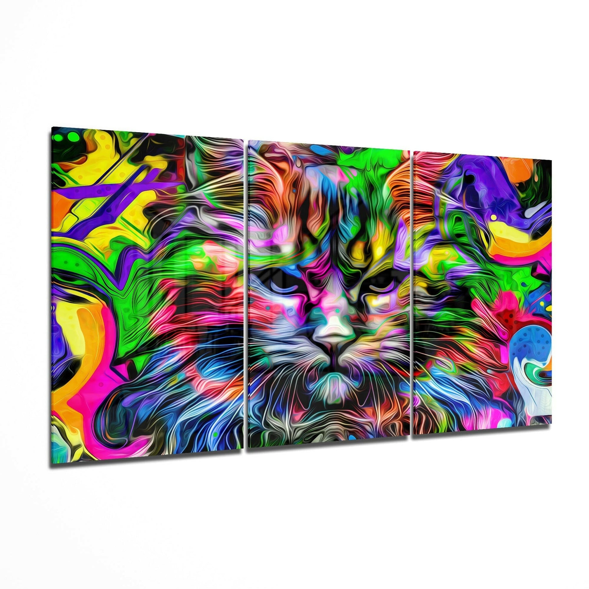 Three-panel cat glass wall art set on glossy tempered glass